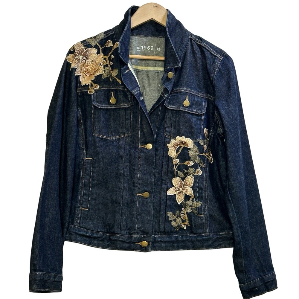 Upcycled OOAK Tan Floral Appliqué Gap 1969 Jean Jacket SZ XL